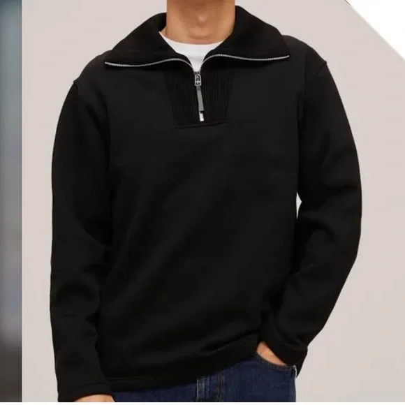 Theory Camner Quarter-Zip Funnel Neck Black Cotton Blend Pullover Sweatshirt XL - Picture 2 of 11